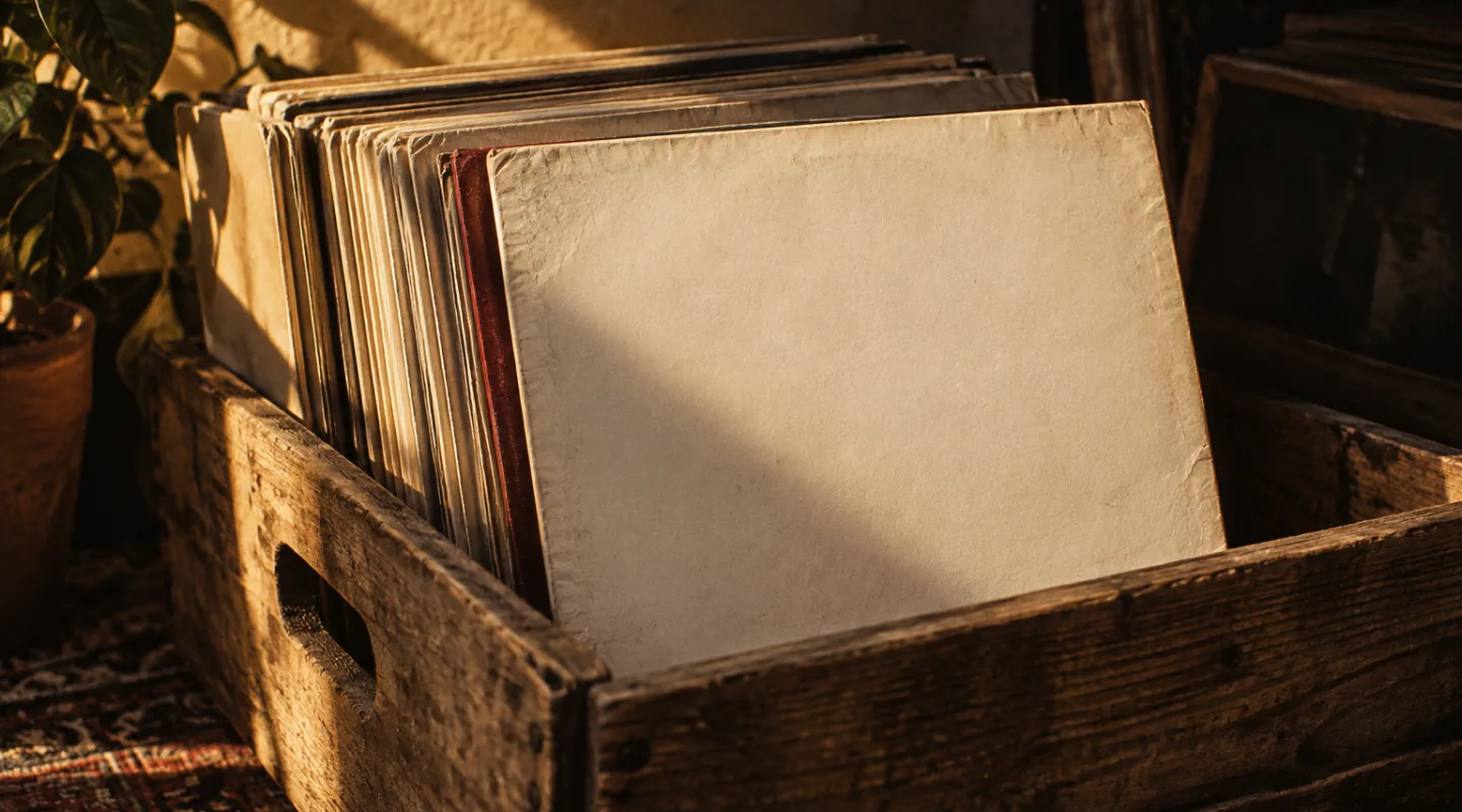 Cajón de madera con fundas de disco sin imprimir, una de ellas adelantada