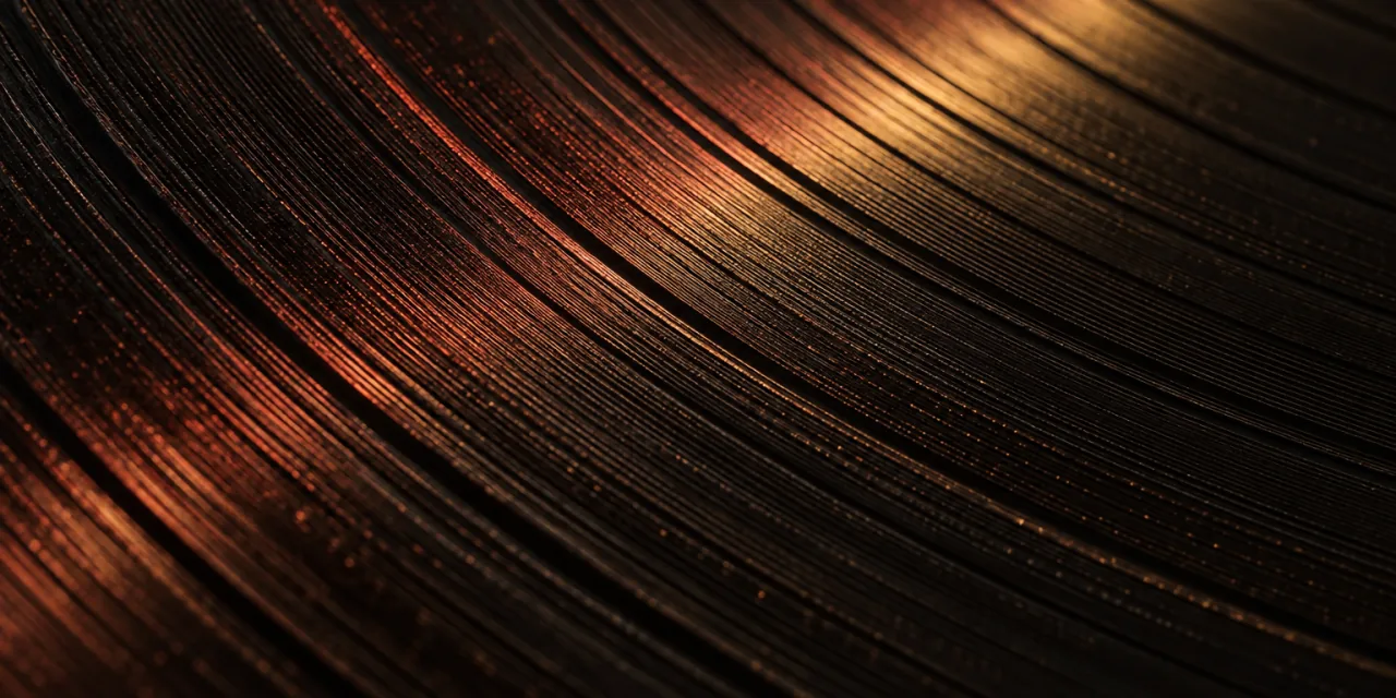 Macro de los surcos de un disco de vinilo bajo una luz rasante