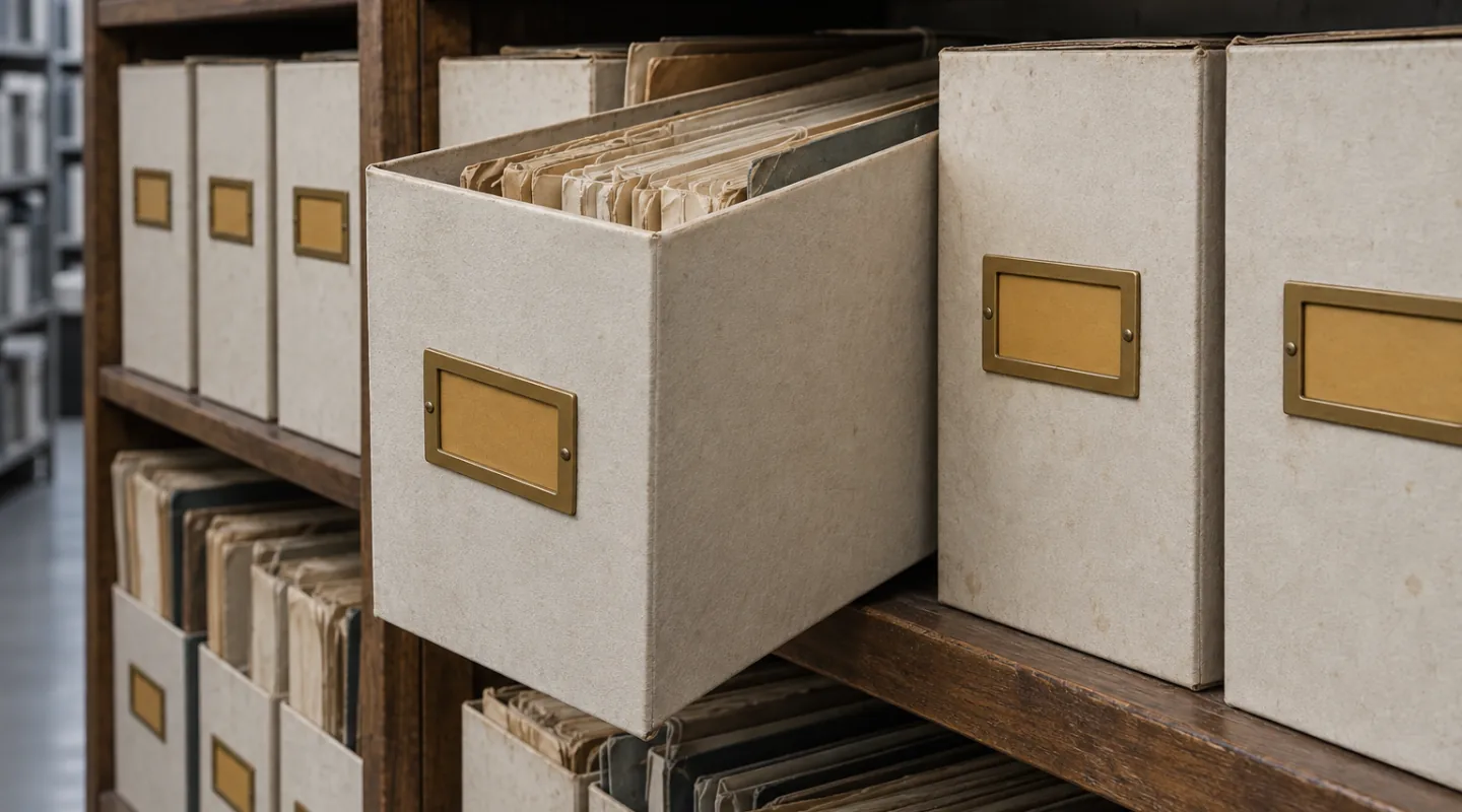 Cajas de archivo en estanterías de madera, con una caja abierta que deja ver sus carpetas