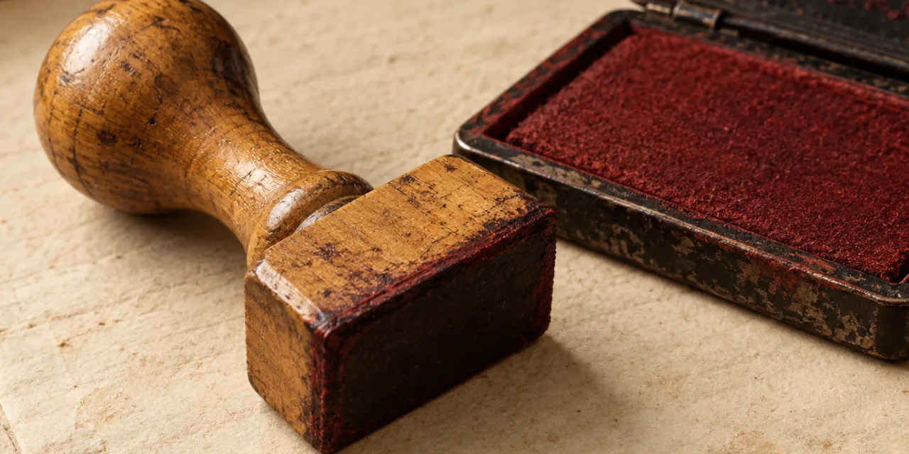 Sello de caucho con mango de madera junto a un tampón de tinta roja abierto