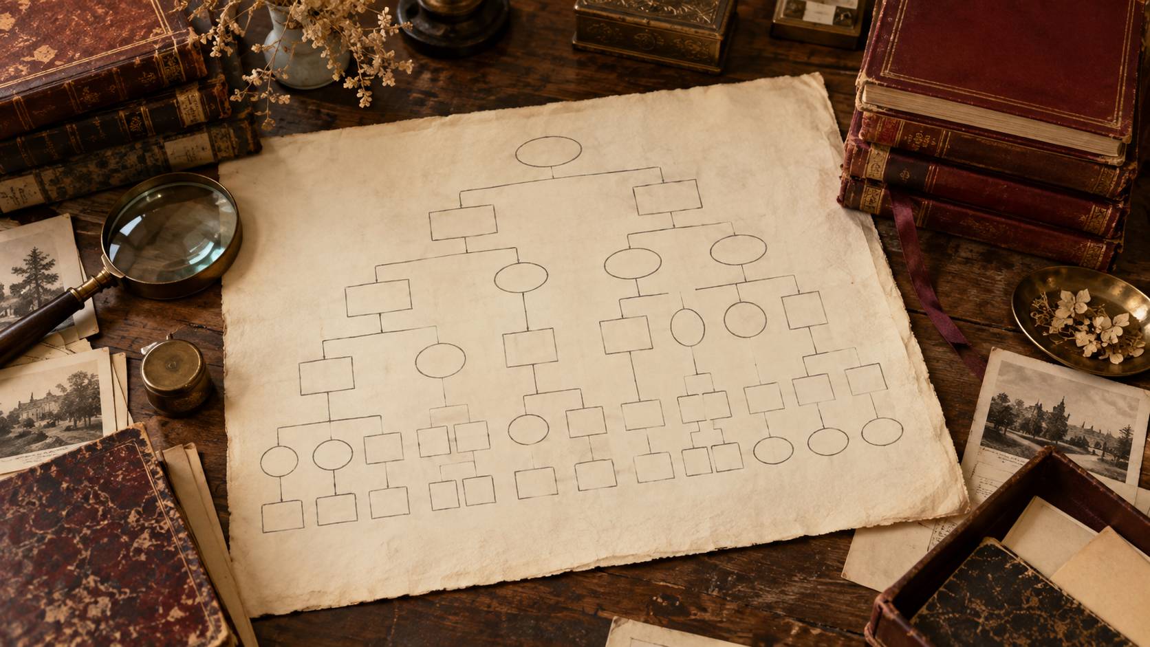 Arbre genealogique schematique au crayon sur un feuillet d'archives