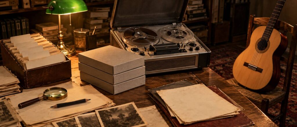 Bureau d'archives sonores avec bandes magnétiques vierges, magnétophone et guitare flamenca