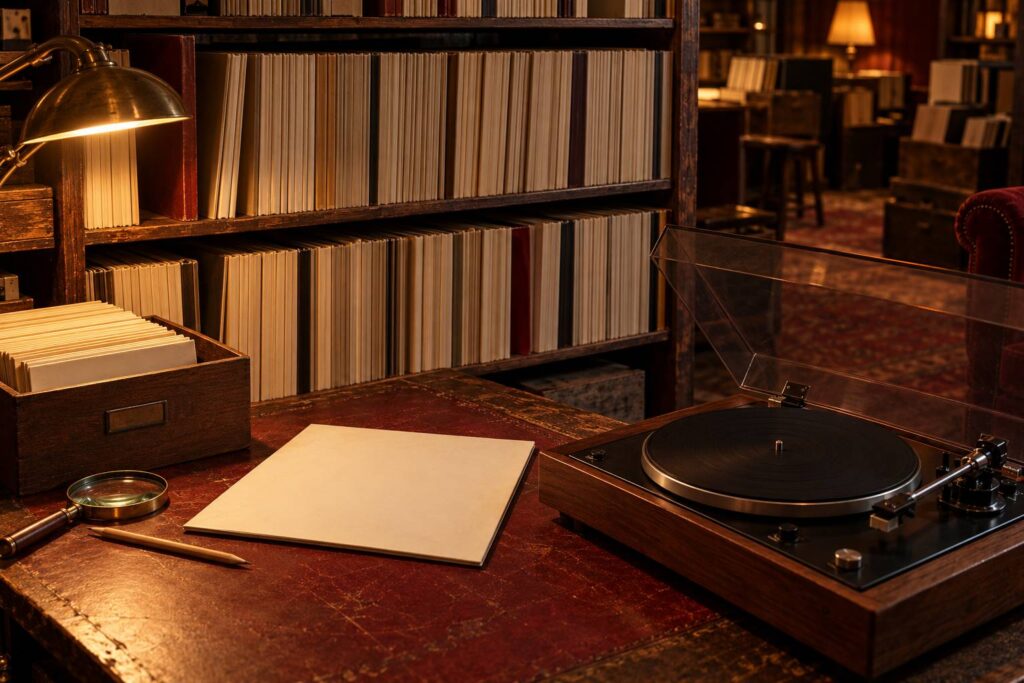 Estantería de vinilos sin texto y tocadiscos en un archivo musical