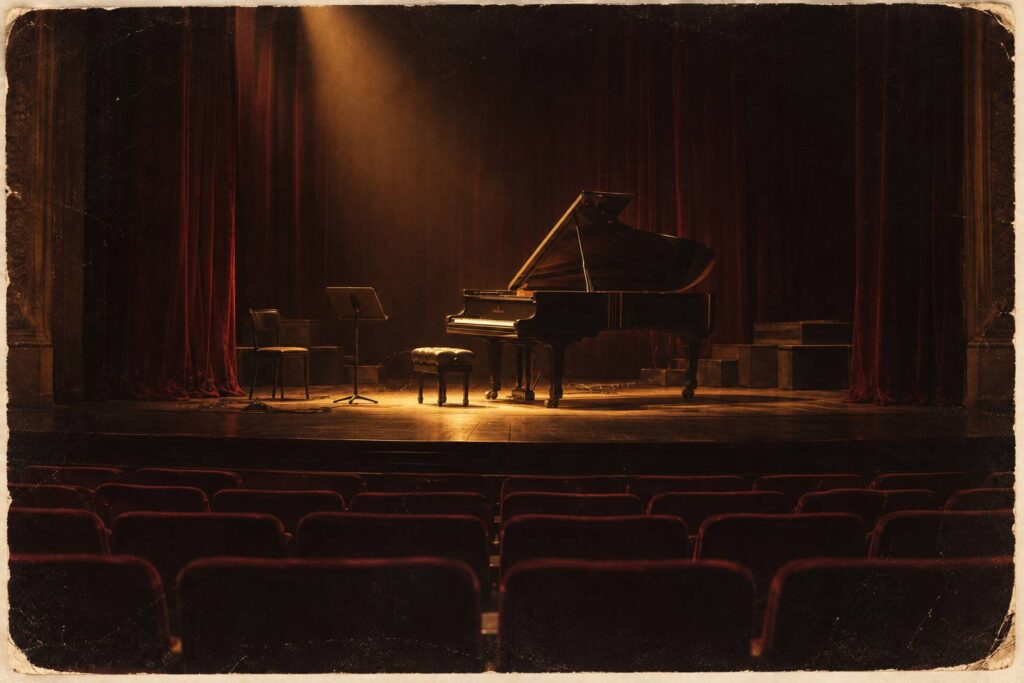 Piano à queue ouvert sur une scène vide, tabouret et lumières de salle