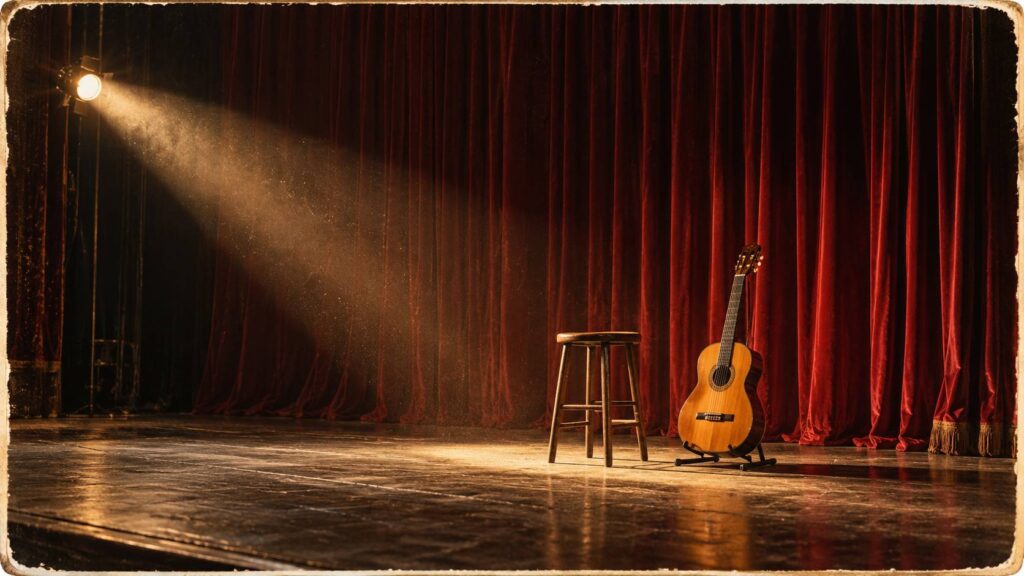 Guitare espagnole et tabouret sur une scène de théâtre vide, rideau de velours rouge