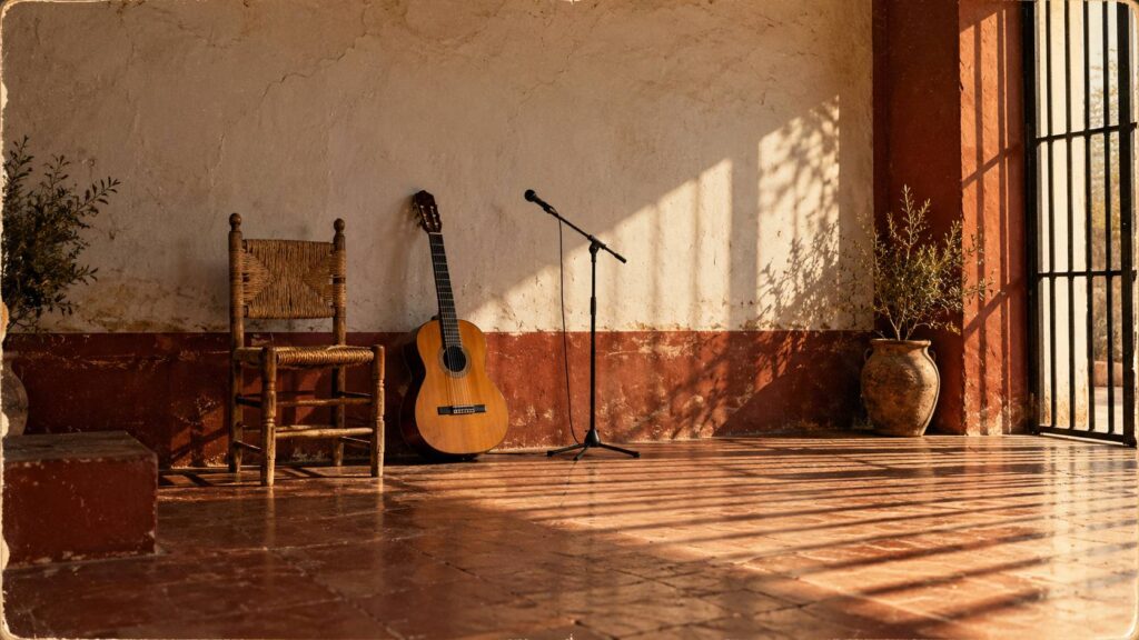 Tablao vide avec chaise en rotin, guitare posée contre un mur et pied de micro